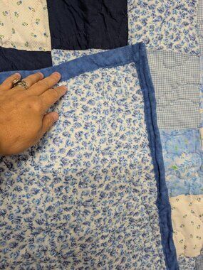 Handmade Blue Floral Patchwork Quilt - Vintage Throw